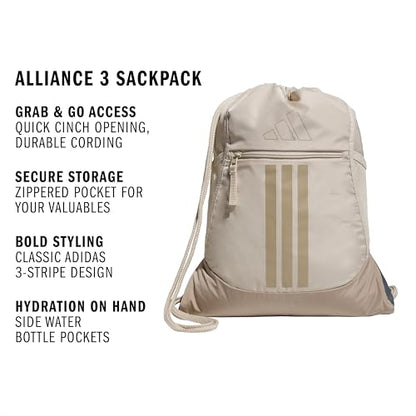 adidas Alliance Sackpack – Drawstring Backpack for Sports, Small Gym Bag, Crystal Linen Beige/Trace Khaki/3, OSFA - color: Crystal Linen Beige/Trace Khaki/3