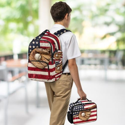 Baseball Backpack Set for Boys, Kids Retro USA Flag Backpack for School with Lunch Box and Pencil Case Coin Purse, School Bookbag for Boys - color: Retro Baseball