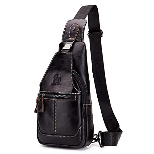 Hebetag Leather Sling Bag Crossbody Backpack for Men Women Outdoor Travel Camping Hiking Shoulder Chest Day Pack Casual Daypack, Black - color: #10black