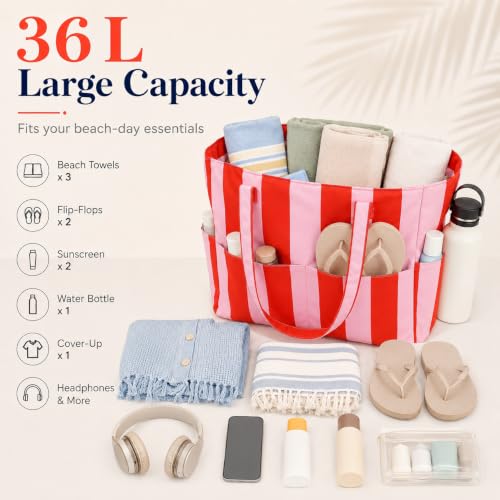 LEDAOU Beach Bag Waterproof Sandproof Women Beach Tote Pool Bag with Zipper for Swim Gym Grocery Travel with Wet Pocket | Sandproof - color: Pink & Orange Stripe