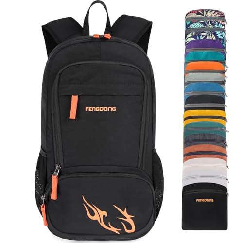 FENGDONG 35L Lightweight Foldable Waterproof Packable Travel Small Hiking Backpack Daypack for men women - color: Black Orange