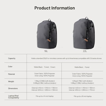 PGYTECH OneGo Lite Camera Backpack 16L Lightweight Camera Bag Black - color: Black, size: 16 L