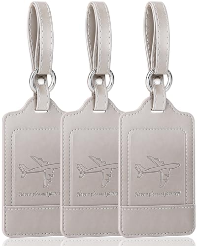 Teskyer Luggage Tags, 3 Pack Premium PU Leather Luggage Tags Privacy Protection Travel Bag Labels Suitcase Tags - color: Grey