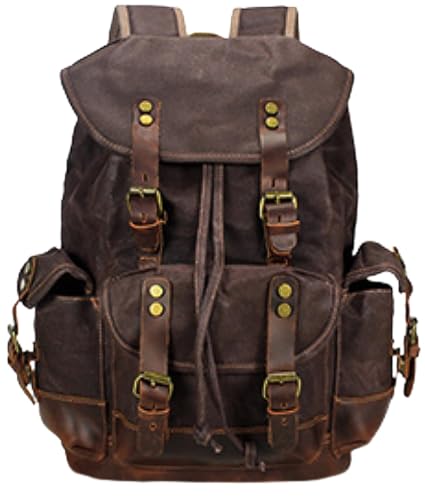 HuaChen Vintage Canvas & Leather Backpack: Spacious Durable Rucksack for Men & Women, Travel, Hiking - M86 Coffee - color: Coffee