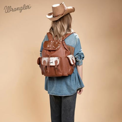 Montana West Wrangler Backpack Purse for Women Hair-on Cowhide Backpacks Western Travel Bags - color: Cowhide Brown