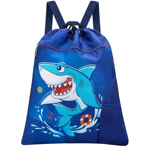 WAWSAM Gym Drawstring Backpack String Bag - 15” x 17” Sports Gym Bag for Kids Waterproof Swimming Beach Shopping Yoga Bag - color: Blue Shark a