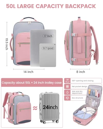 LOVEVOOK 50L Travel Backpack for Women & Men, Airline Approved Carry On Luggage with 3 Packing Cubes, TSA Overnight Bags, Waterproof Personal Item Bag, Weekender Essentials Backpacks fits 17" Laptop - color: Pink-light Grey-grey, size: X-Large