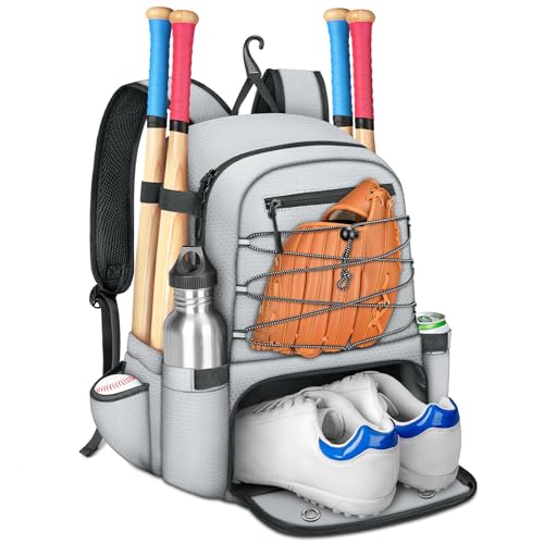 MATEIN Baseball Bat Bag for 4 Bats with Ball Pocket, Lightweight Youth Baseball Backpack with Shoe Compartment, Large Capacity Softball Equipment Bag with Fence Hook for TBall Gear, Helmet, Glove - color: Grey