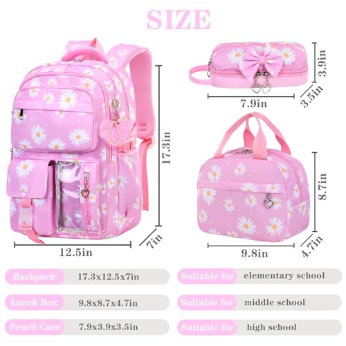 Girls Backpack Set with Lunch Box & Pencil Case, Floral Print Girls School Backpack for Elementary/Middle/High School (Pink-Daisy) - color: Pink-daisy