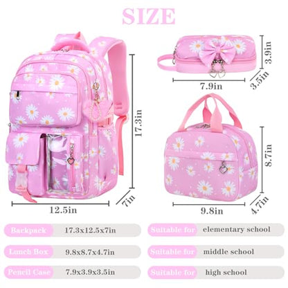 Girls Backpack Set with Lunch Box & Pencil Case, Floral Print Girls School Backpack for Elementary/Middle/High School (Pink-Daisy) - color: Pink-daisy