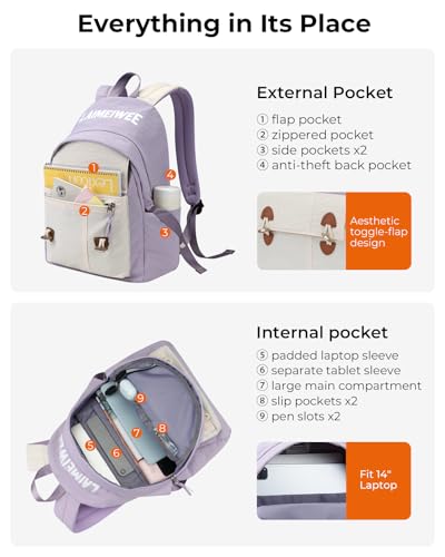 Lightweight Travel Backpack for Women, School Backpack for Teen Girls & Boys, Water-repellent Taslon Fabric, Stylish Casual Daypack for College Everyday Use, Fits 14" Laptop, Purple & Beige - color: Purple & Beige