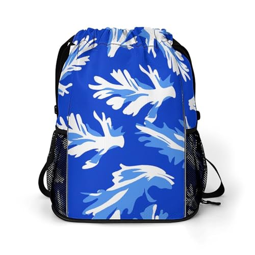 Drawstring Gym Backpack with Shoe Compartment And Wet Pocket, 28L Lightweight Waterproof Blue Celery Pattern Sports Backpack for Workout Swim Beach Travel String Bag for Men Women