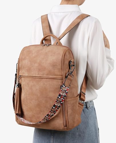 FADEON Leather Backpack Purse for Women Designer Travel Backpack Purses PU Fashion Ladies Shoulder Bag with Tassel - color: Retro Camel Brown Nubuck Style