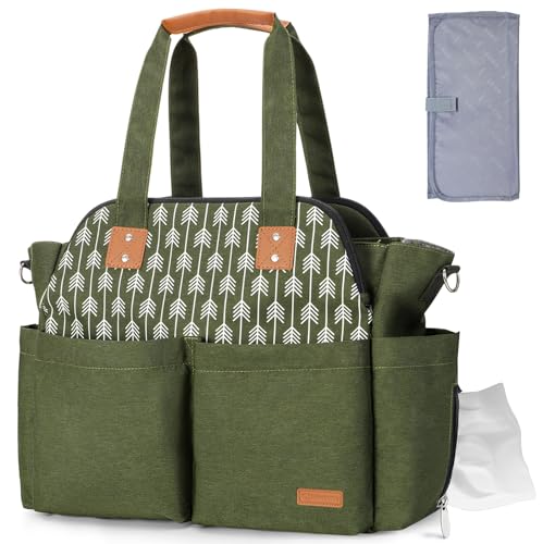 Lekebaby Diaper Bag Tote for Baby - 17 Pockets Large Travel Diaper Tote with Portable Changing Pad, Mom Crossbody Hospital Bag with Purses, Waterproof, Baby Essentials for Newborn Gifts, Green - color: Green