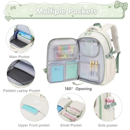 ACESAK Girls Backpack - 3PCS Backpack for Girls Cute School Backpacks for Girl Kindergarten Elementary Preschool Middle Kids School Bags with Lunch Box Pencil Case Set (Beige Green) - color: Beige Green