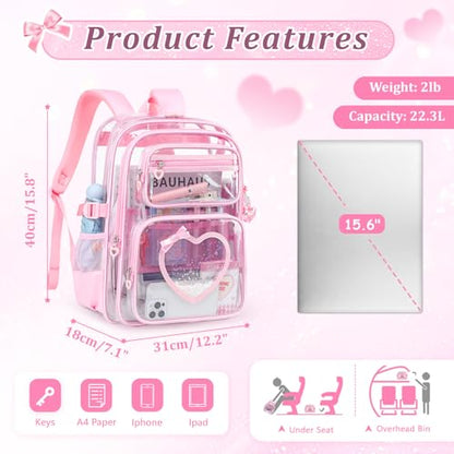 Clear Backpack for School Girls, Cute Heavy Duty PVC Transparent Bookbag, See-Through Bag for Stadium Event Pink - color: Pink