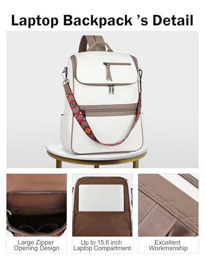 FADEON Laptop Backpack for Women Leather Travel Backpack with Laptop Compartment, Designer PU Shoulder Laptop Bag White - color: White Retro Style