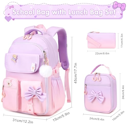 ACESAK Girls Backpack - 3PCS Backpack for Girls Cute School Backpacks for Girl Kindergarten Elementary Preschool Middle Kids School Bags with Lunch Box Pencil Case Set (Purple Pink) - color: Purple Pink