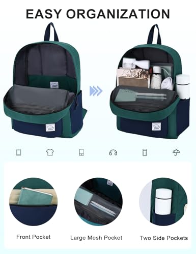 VASCHY Lightweight Backpack for School, Water Resistant Classic Bookbag with Side Pockets for Boys,Kids,Teens Green Blue - color: Forest Green & Deep Blue