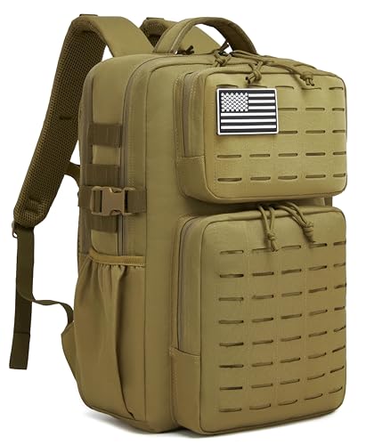 Wotony Military Tactical Backpack for Men Waterproof Daypack 3 Day Assault Pack Laser-Cut MOLLE Webbing Design with Water Bottle Holder Black Small Tactical Assault Bag (Khaki, 25L) - color: Khaki, size: 25L
