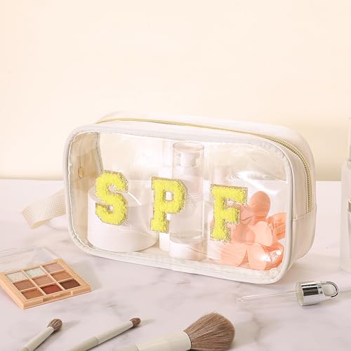 Kacctyen Letter Clear Makeup Bags Spf Pouch Beige Preppy Beach Patch Clear Travel Bag with Zipper Chenille Nylon Cosmetics Waterproof Sandproof Bags Toiletry Storage Snack Sunscreen Pouch for Women - color: White, style: Spf
