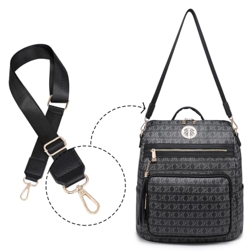 Women's Convertible Backpack Purse, Large Leather Travel Backpack 2PC Set - color: Black