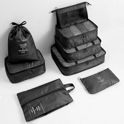 8 Set Packing Cubes for Suitcases, INVODA Travel Luggage Packing Organizers with Laundry Bag, Compression Storage Shoe Bag, Clothing Underwear Bag (Black) - color: Black