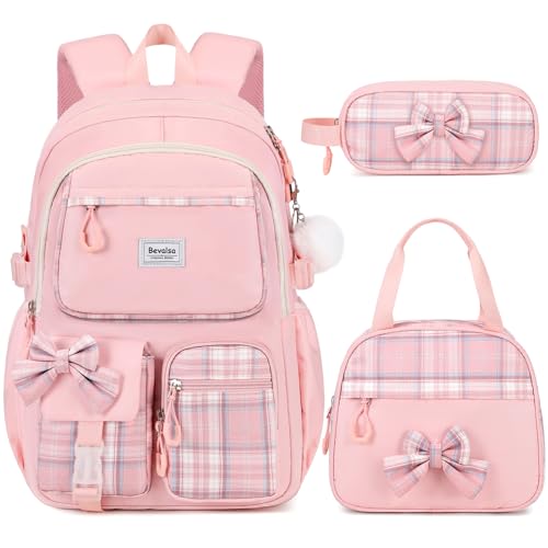 Bevalsa Backpack for Girls, School Bags for Kids with Lunch Bag & Pen Case, Bow Plaid Bookbag for Girls Children Teens for Elementary Middle High school College Student with USB Charging Port - color: Pink Plaid