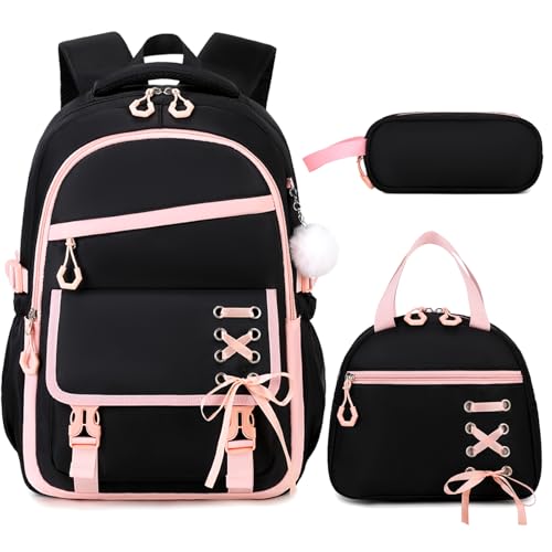 Scothen 3PCS Girls Backpack for School, Kids Backpack for Girls with Lunch Bag Pencil Case, Kids Bookbag Teen Backpacks for Elementary Middle High School (Black-Pink) - color: Black-pink