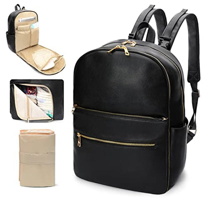 Omanmoli Diaper Bag Backpack Baby Diaper Bag Leather Diaper Bag Backpack Mom Dad with 18 Organizing Pouches,6 Insulated Pockets,Changing Pad,Stroller Straps, Large Capacity,Waterproof(Black) - color: Black