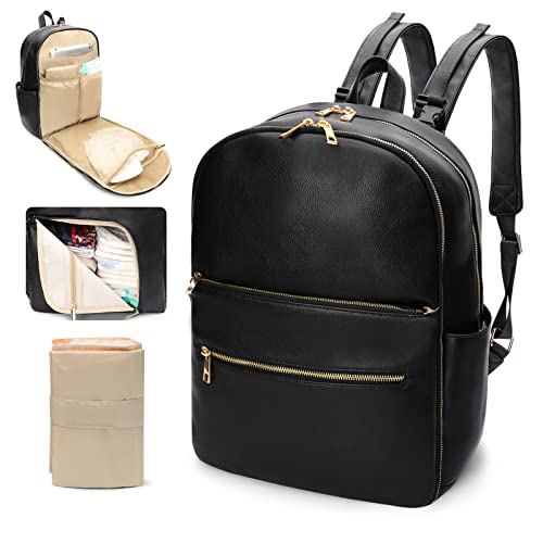 Omanmoli Diaper Bag Backpack Baby Diaper Bag Leather Diaper Bag Backpack Mom Dad with 18 Organizing Pouches,6 Insulated Pockets,Changing Pad,Stroller Straps, Large Capacity,Waterproof(Black) - color: Black