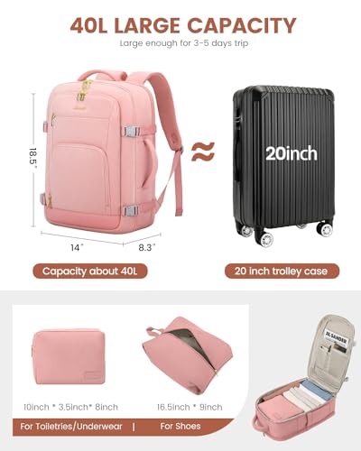 LOVEVOOK Travel Backpack For Women, 40L Carry On Backpack Flight Approved, TSA Personal Item Backpack Fits 17 Inch Laptop, Business Weekender Overnight Waterproof Daypack With 2 Packing Cubes, Pink - color: Pink, size: 40l-17.3 Inch-3pcs