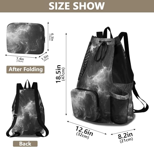 Drawstring Gym Swim Bag With Water Bottle Pocket Hiking Drawstring Backpack with Wet Dry Compartments Fog Black Mystery