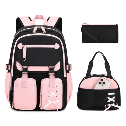 MOONBABY Girls Backpack with Lunch Box & Pencil Case for Kids Teens Bookbag for Elementary Primary Middle High School Daypack - color: Pink-3pcs