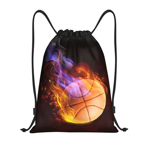 Kids Drawstring Bag with Fire Basketball for Boys, Sports Drawstring Backpack for Teens Boys Girls Adults Women Men, Black Daypack Bag for Work Gym Swim Travel Hiking School, Small - color: Fire Basketball, size: S - 14"x16.9"