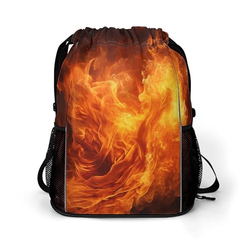 Drawstring Gym Backpack with Shoe Compartment And Wet Pocket, 28L Lightweight Waterproof Roaring Flame Sports Backpack for Workout Swim Beach Travel String Bag for Men Women