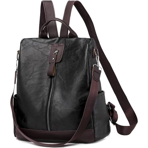 Women Backpack Anti-Theft Daypack Shoulder Bag with Earphone Hole Ladies Rucksack Waterproof PU Leather Bag for Travel Work (black) - color: Black