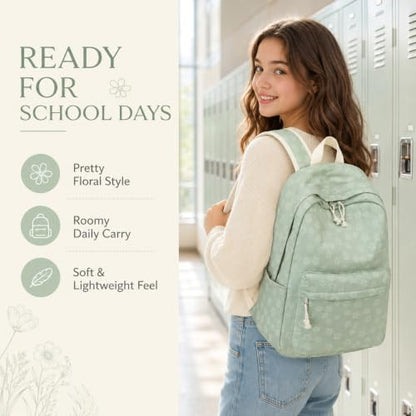 LEDAOU Backpack for Teen Girls Lightweight Kids Bookbag for Elementary Middle High School College Women Laptop Casual Daypack (Green Flowers) - color: Green Flowers
