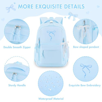 Kids Backpack for Girls - 3PCS Cute Embroidered Bow Girls Backpack with Insulated Lunch Bag & Pencil Case - Bookbag for Teen Women Middle High School College Work Travel Daypack - color: Blue