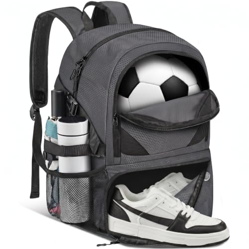 Soccer Backpack with Seperate Compartment, Water Resistant Sport Bags fit for Basketball, Volleyball, Football - color: Grey