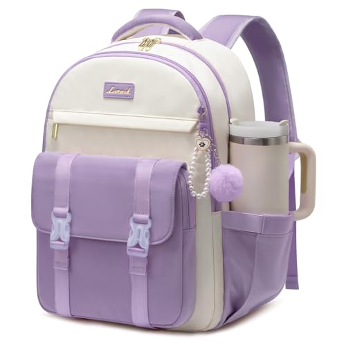 LOVEVOOK School Backpack for Teen Girls, Cute Student Backpack Purse Kid Bookbag for 8-17 Teenage, Back to School Backpacks Fit 15.6 Inch Laptop, College Travel Bag with Large Water Bottle Holder - color: Beige-light Purple, size: 15.6 Inch