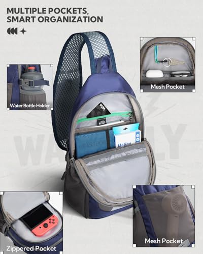 WATERFLY Packable Crossbody Sling Bag: Small Lightweight Travel RFID Blocking Sling Daypack with Water Bottle Holder - Shoulder Chest Bag Backpack for Women Men Hiking Traveling Theme Parks - color: Blue