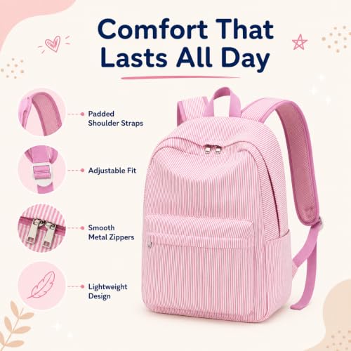 Bluboon Teen Girls School Backpack Kids Bookbag Set with Lunch Box Pencil Case Travel Laptop Backpack Casual Daypacks (Beige bow tie) - color: Pink & White Striped