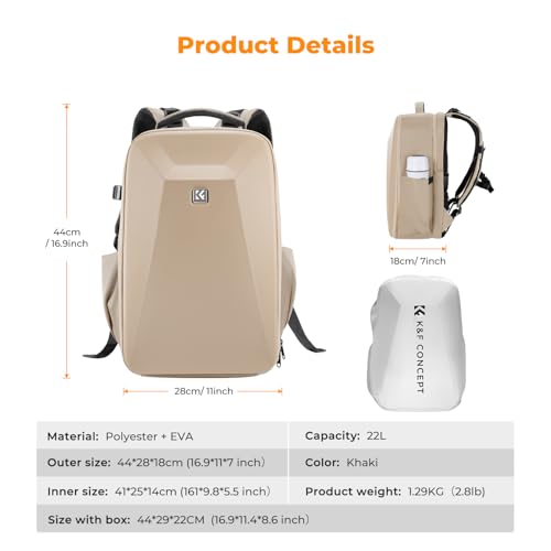 K&F CONCEPT Camera Backpack,Hardshell Photography DSLR Camera Bag with 15-15.6 Inch Laptop Compartment Hard Shell Camera Case Compatible with Canon/Nikon/Sony/DJI Mavic Drone - color: Khaki