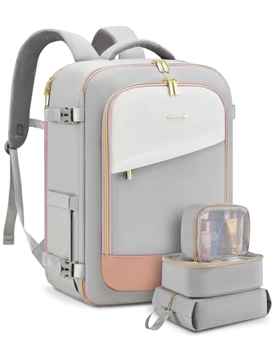 LOVEVOOK Travel Backpack for Women, 40L Carry On Backpack Flight Approved, Large Personal Item Bag Fits 17 inch Laptop, TSA Approved Luggage with 3 Packing Cubes,Waterproof Weekender Gym Essentials - color: Beige-grey-pink, size: 40L