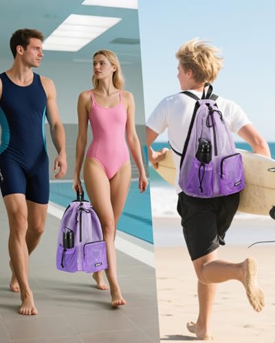 WANDF Swim Bag for Swimmers, Mesh Beach Backpack - color: Light Purple With 2 Front Pockets, size: Large