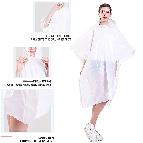 TUNCHMO Disposable Rain Ponchos 6 Pack for Adults/Kids/Family Set-50% Thicker Emergency Ponchos - color: Adults White 6 Pack
