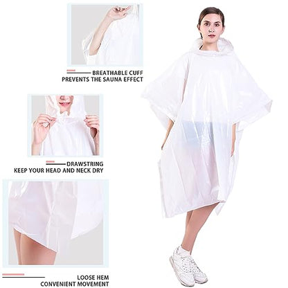 TUNCHMO Disposable Rain Ponchos 6 Pack for Adults/Kids/Family Set-50% Thicker Emergency Ponchos - color: Adults White 6 Pack