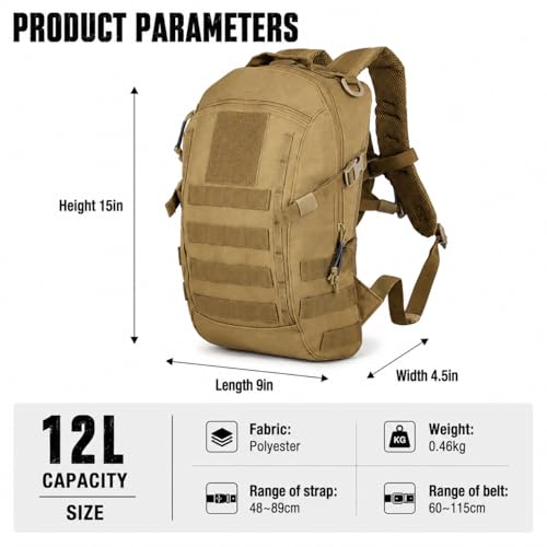 Small Tactical Backpack Military Daypack 12L Molle Bag Rucksack Army Daypack for Outdoor,Hiking,Camping,Travel (Tan) - color: Tan