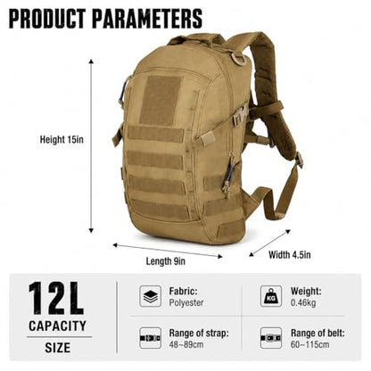 Small Tactical Hiking Backpack, 12L MOLLE Bookbag Daypack for Travel | MOLLE webbing expands carry options;compact,lightweight design fits hiking,school,camping,travel and daily use - color: Tan